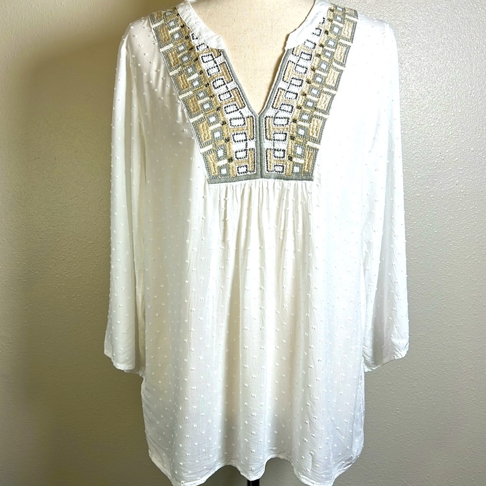 TOMMY BAHAMA Tunic Top Women S Embroidery Swiss Dot Loose Flowy Resort Lagenlook